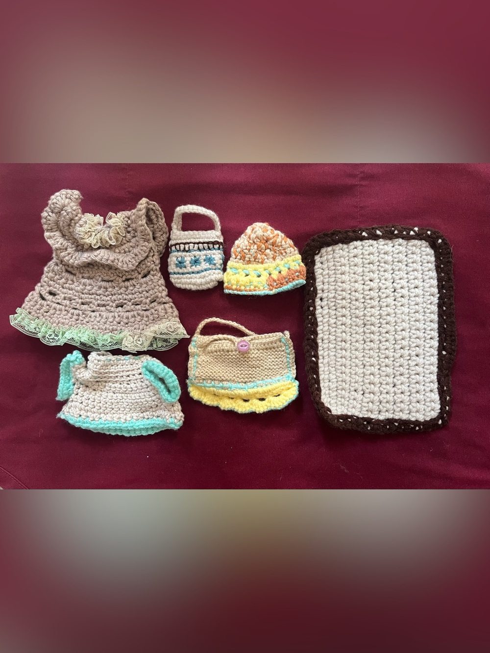 Handmade Crochet Doll Outfit  Accessories Set Dress Hat Handbags Blanket Newly